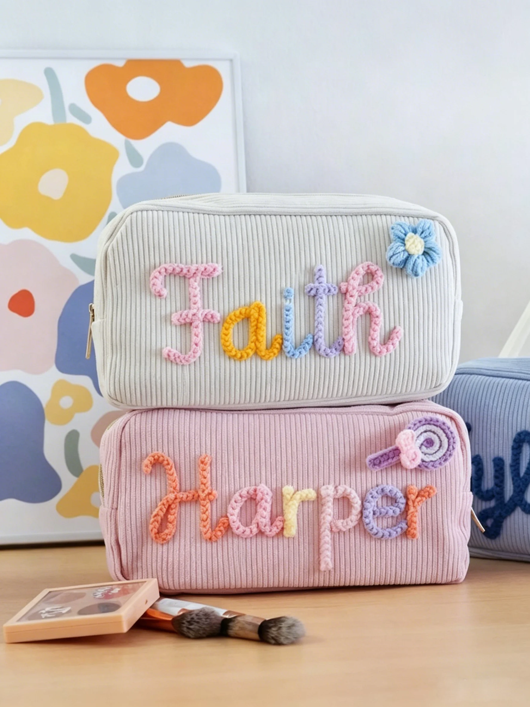 Personalised Corduroy Makeup Bag Custom Name Travel Toiletry Pouch_voghion.com