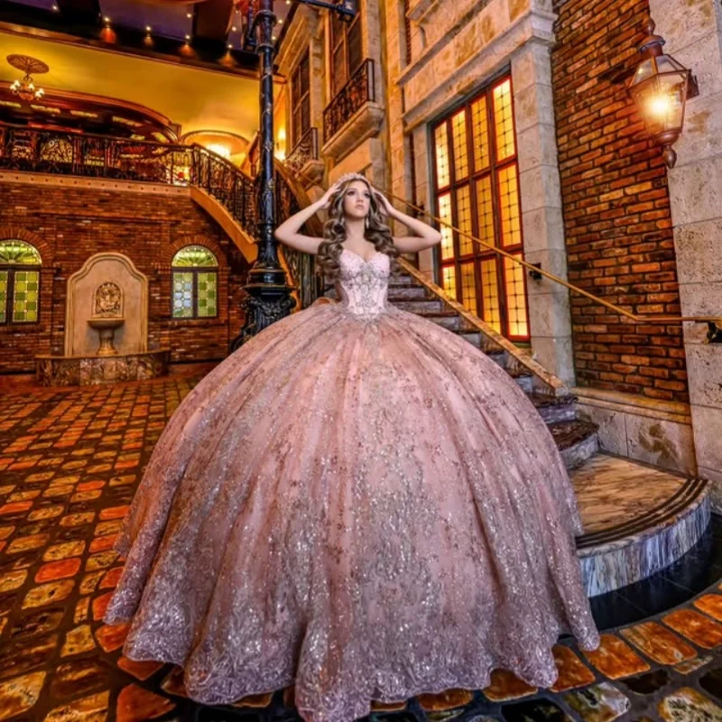 

Shiny Pink Quinceanera Dress Lace layering off-shoulder Tull crystal glitter decal Bow vestidos de 15 Quinceanera ﻿Customized