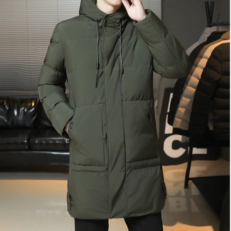 Luxury Mid-length Parkas Winter Men's Clothing Warm Windproof Coat Slim Fit Cotton-padded Jacket Long Sleeve Pockets Outerwear