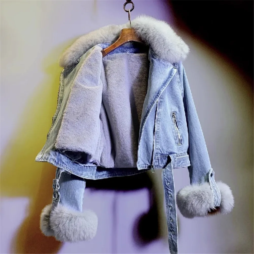 2023 Winter New Fox Fur Collar Detachable Plush Liner Denim Parkas for Women Short Denim Jacket Cotton Coat Female Outwear Y4556