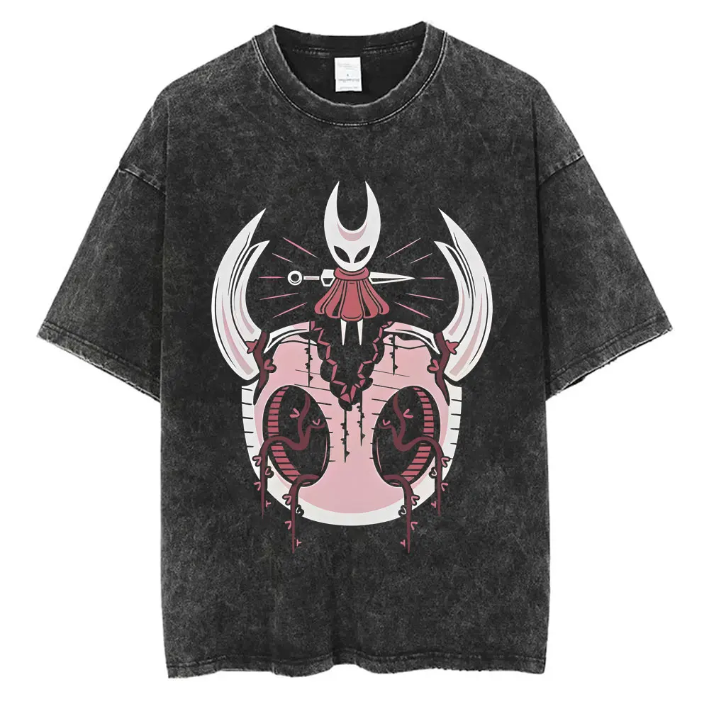 Washed Vintage Game Hollow Knight Graphic Print T Shirt Men Women Fashion Casual Oversized Short Sleeve T-shirt Tops Streetwear