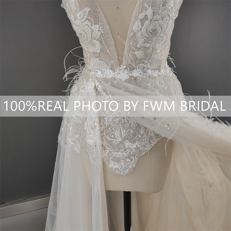 8737# Real Photos Sexy Spaghetti Straps Beaded Lace Feather Wedding Dress For Women High Slit Bridal Gown With Long Train