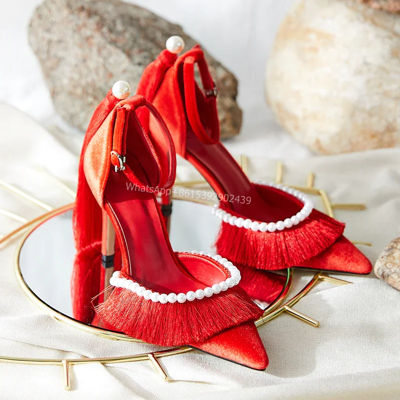 Red Pearl Tassel-Tie Wedding Heels Sexy Pointed Toe Ruffle Design Sandals String Bead Embroidery Pump Women Dress Stiletto Shoes