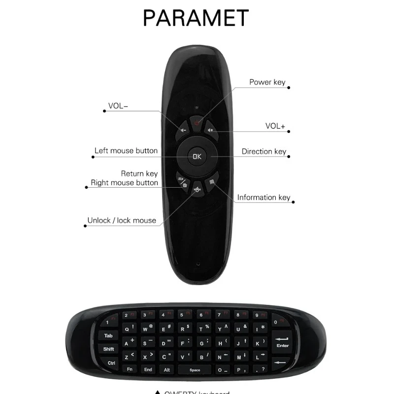 Air C120-miniteclado inalámbrico, giroscopio somatosensorial, versión en varios idiomas, Control remoto de doble cara