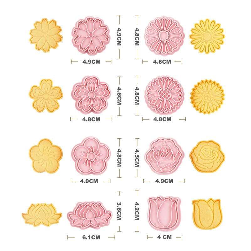 8Pcs/Set Cookie Cutters Plastic 3D Flower Shape Cartoon Pressable Biscuit Mold Cookie Stamp Kitchen Baking Pastry Sugarcraft