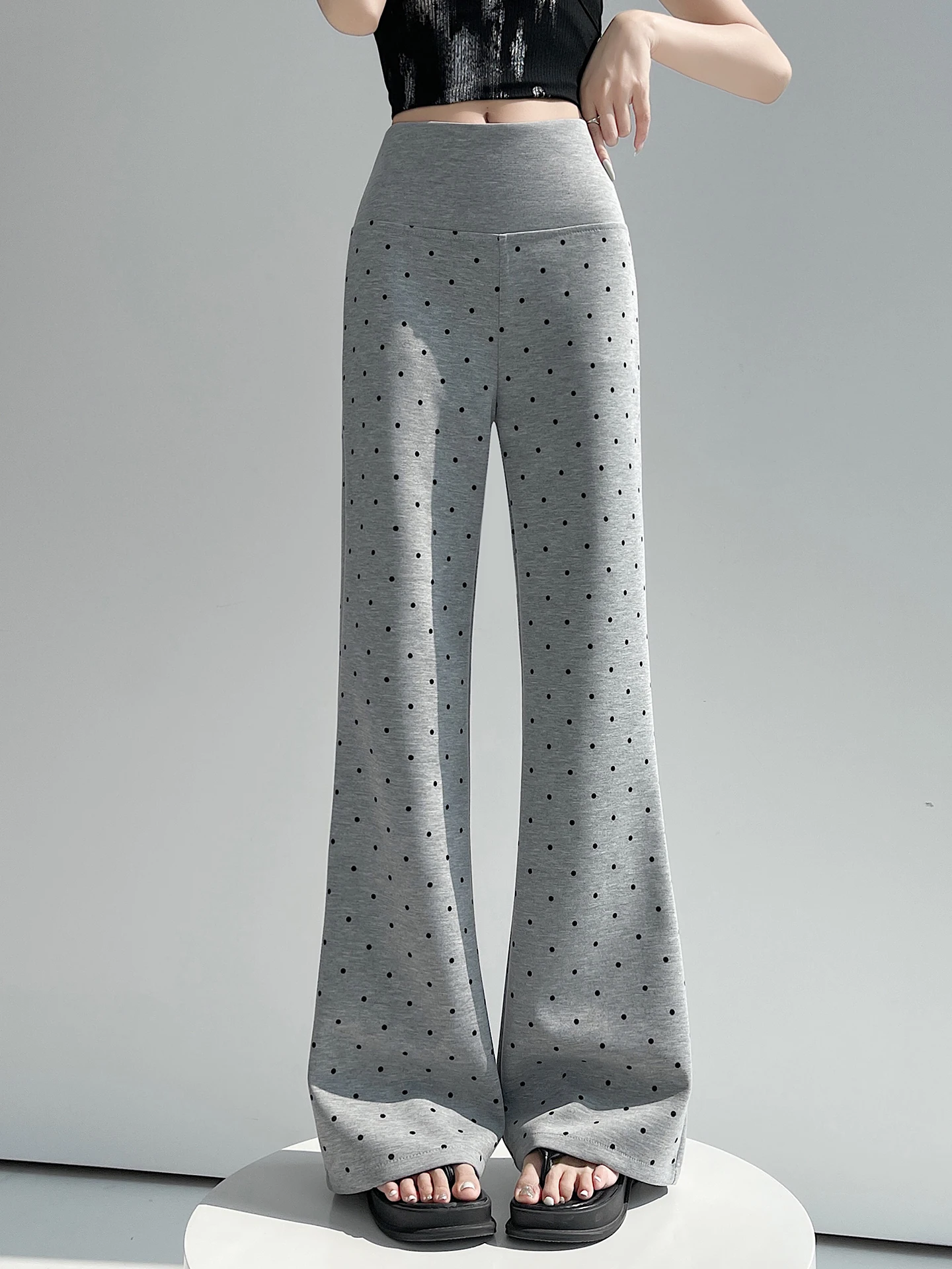 American Retro Polka Dot Flared Pants High Waist Wide Leg Sport Sweatpants Floor Length Casual Trousers for Tall Women