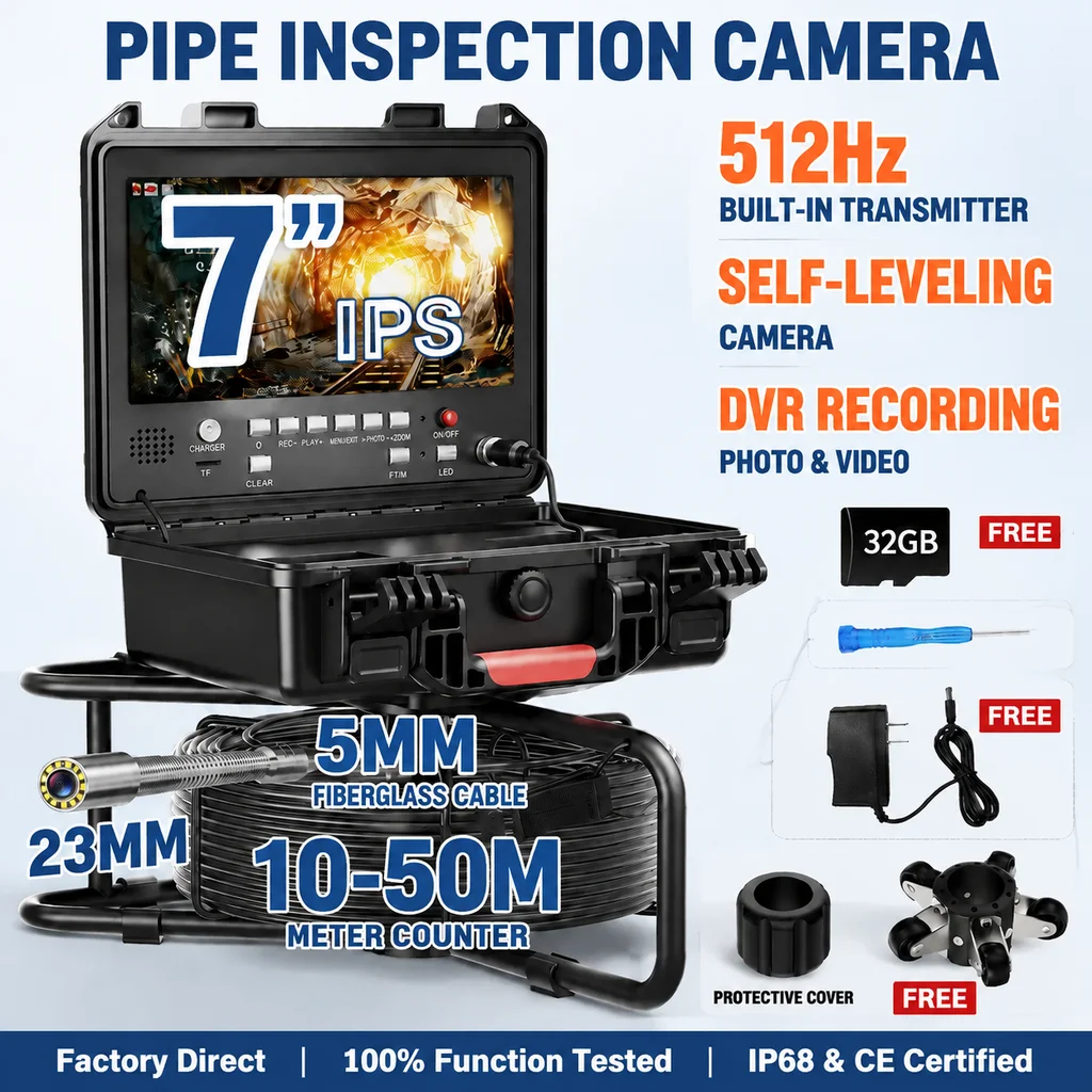 7 inch IPS Pipe Inspection Camera Cable with 512Hz Transmitter Auto Self Leveling 20X Zoom DVR Recording IP68 Waterproof