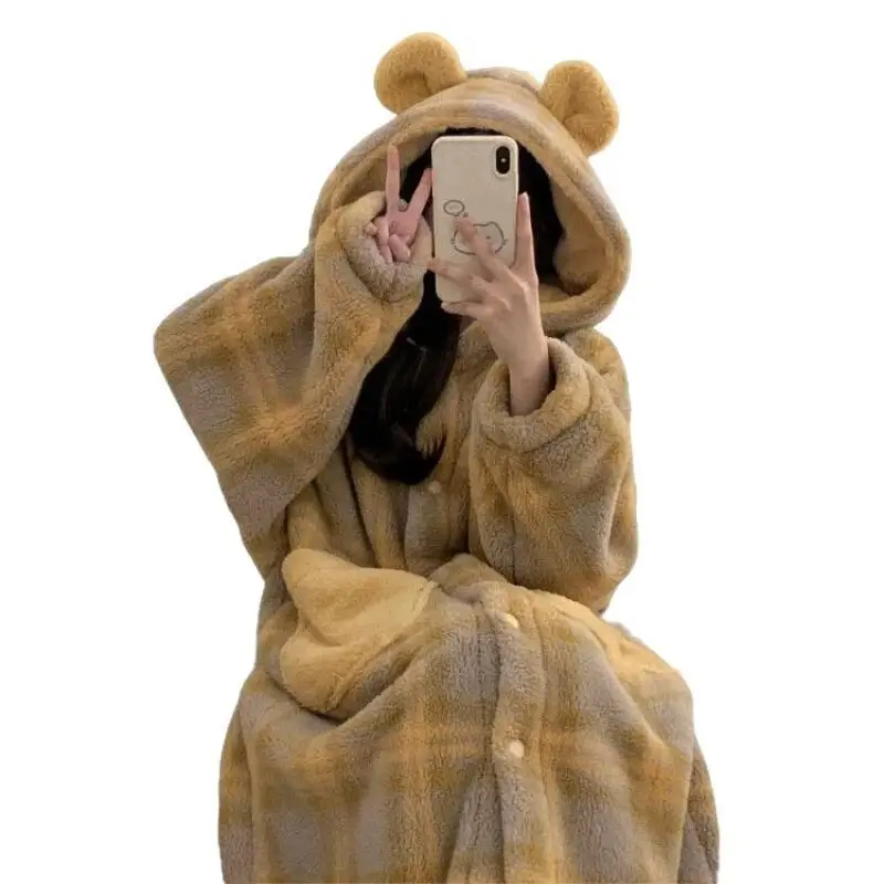 Lindo invierno grueso coral polar pijamas de mujer Otoño Invierno bata con capucha ropa de dormir cómoda nuevo modelo bata pijama ropa de casa
