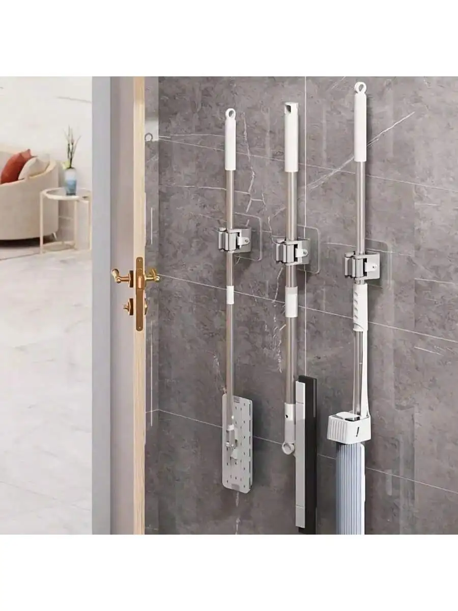 3PCS Easy To Install Wall Mounted Mop Holder Mop Clamp Suction Hook For Kitchen And Bathroom Space Saving Design