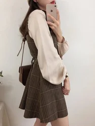 Korean and Japanese Style Retro Casual Design Set Dresses Women Pl Button Mini Sleeve Tank Top and Shirt Two Piece Dress Set