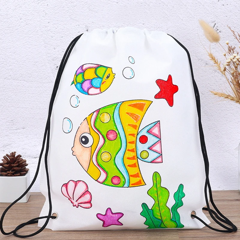 Mochila De tela con grafiti para niños, bolsa no tejida con pintura hecha a mano, manualidades artísticas, juguete de dibujo con relleno de Color para jardín de infantes, 2 piezas