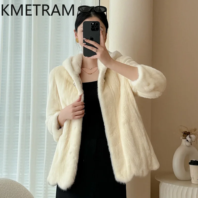 Damska kurtka z naturalnego futra norek, białe prawdziwe futro z kapturem, wysokiej jakości zimowa odzież damska, futrzane kurtki 2025 шуба женская