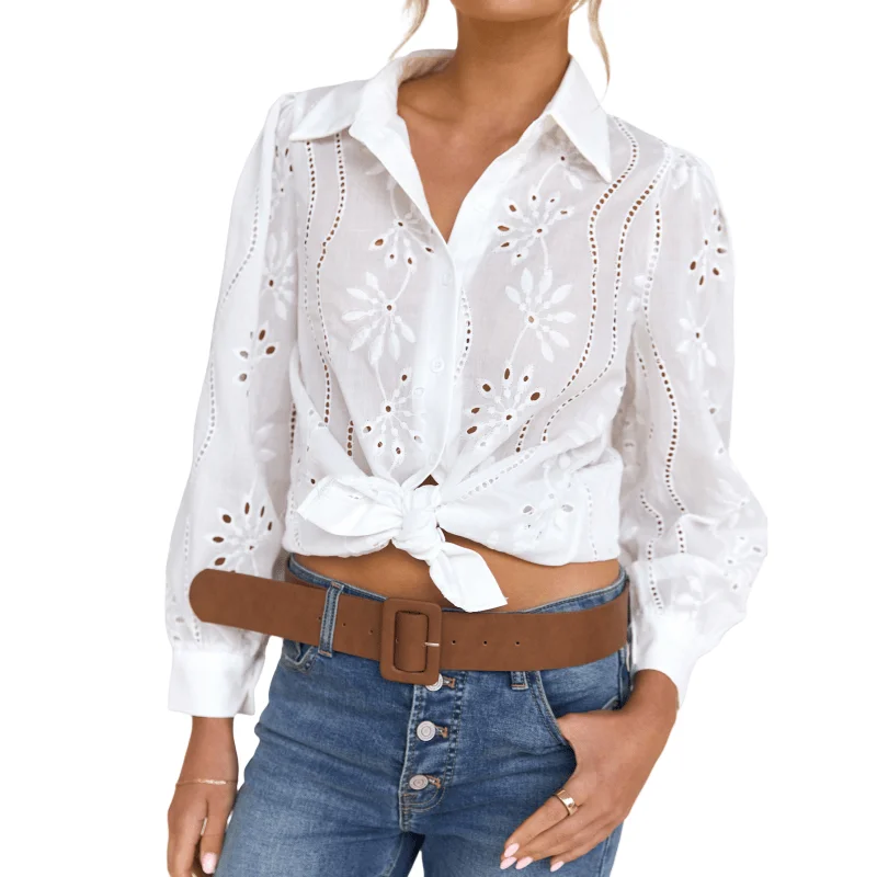 

Women Casual Loose Fit Floral Hollow Out Puff Sleeve Shirt with Turn Down Collar Stylish Button Up Summer Blouse