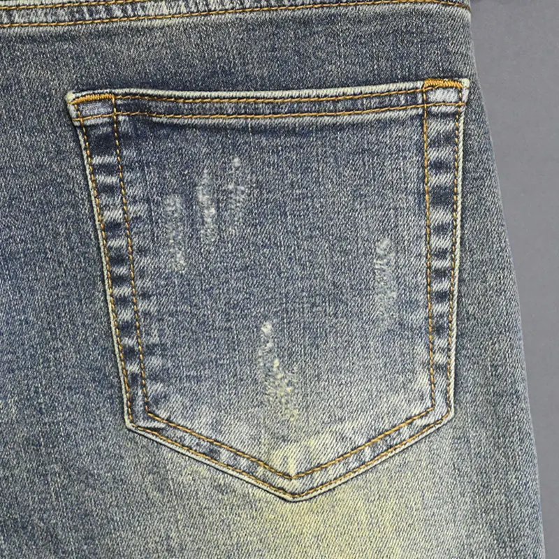 Jeans rasgado lavado retrô masculino, calça lápis, azul, stretch, ajuste magro, buraco, vintage, designer, casual, moda de rua