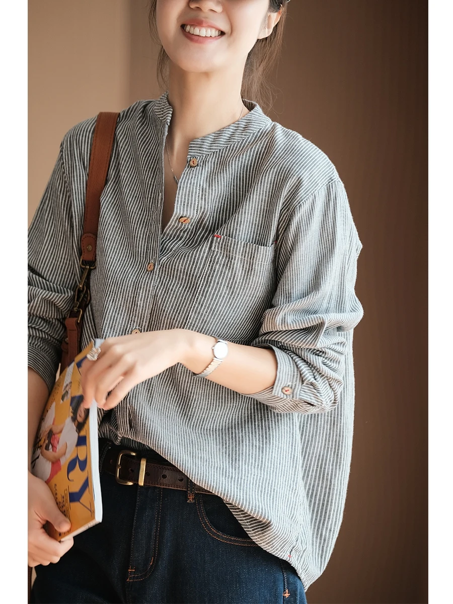 

Retro Sle Cotton Long Sve irt Jaet Loose Fit Versatile Top for Commuting Casual Wear by Xiao Er Production