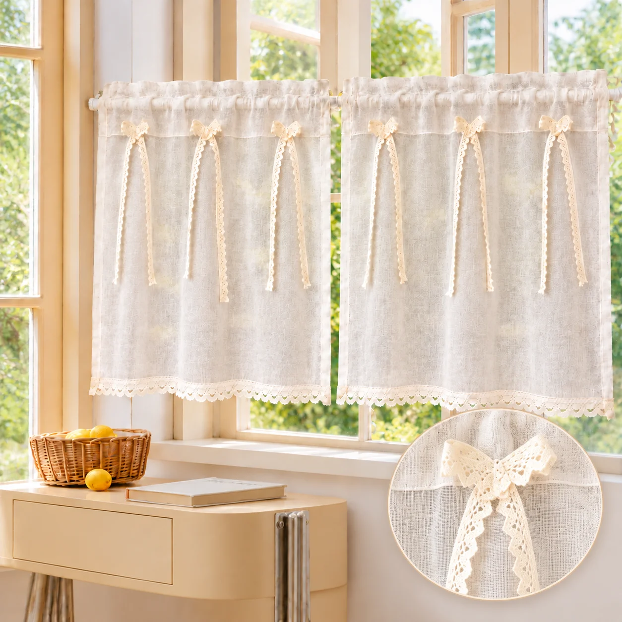 Cottagecore Ivory Fine Linen Cafe Curtain Kitchen Curtain 3 Lace Bows Lace Bow Tie Crochet Lace Trim Semi Sheer Light Filtering Rod Pocket Small Window Nursery Bedroom Vintage, 2 Panel