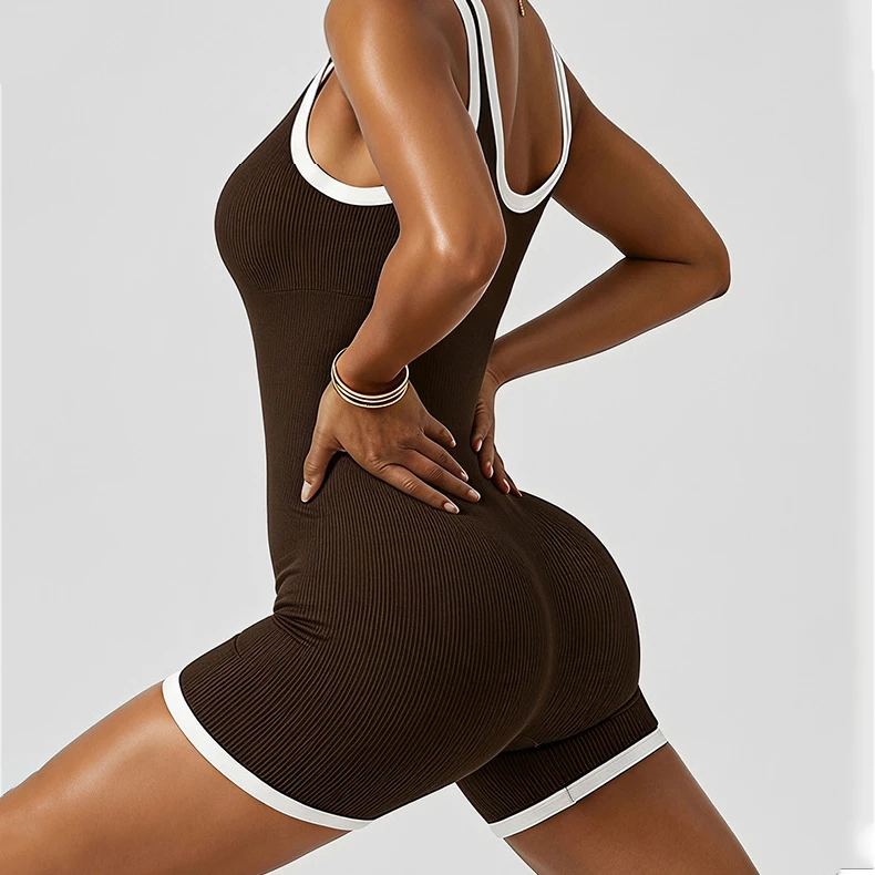 Women's Seamless Yoga Jumpsuit Contrast Binding Butt Lift Removable Cups