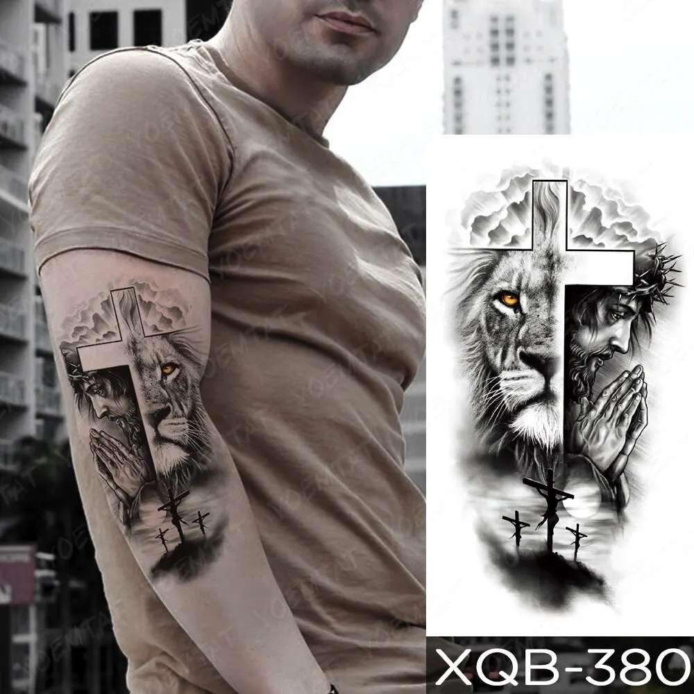 5PCS Waterproof Temporary Tattoo Sticker Praying Cross Lion Tiger Wolf Cross Wild Animal Women Men Arm Fake Sleeve Tattoos view 2
