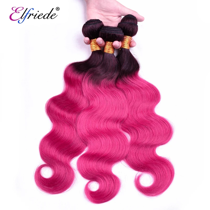 Elfriede #1B/Rose Purple Body Wave Colored Hair Bundles with Frontal Human Hair Sew In Wefts 3 Bundles with Lace Frontal 13x4