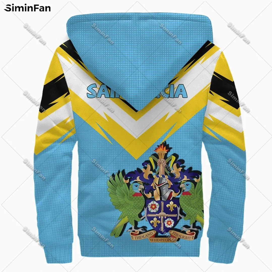 Saint Lucia Coat Of Arms 3D All Over Printed Men Thicken Fleece Jacket Winter Windproof Outerwear Female Unisex Warm Zip Hoodie