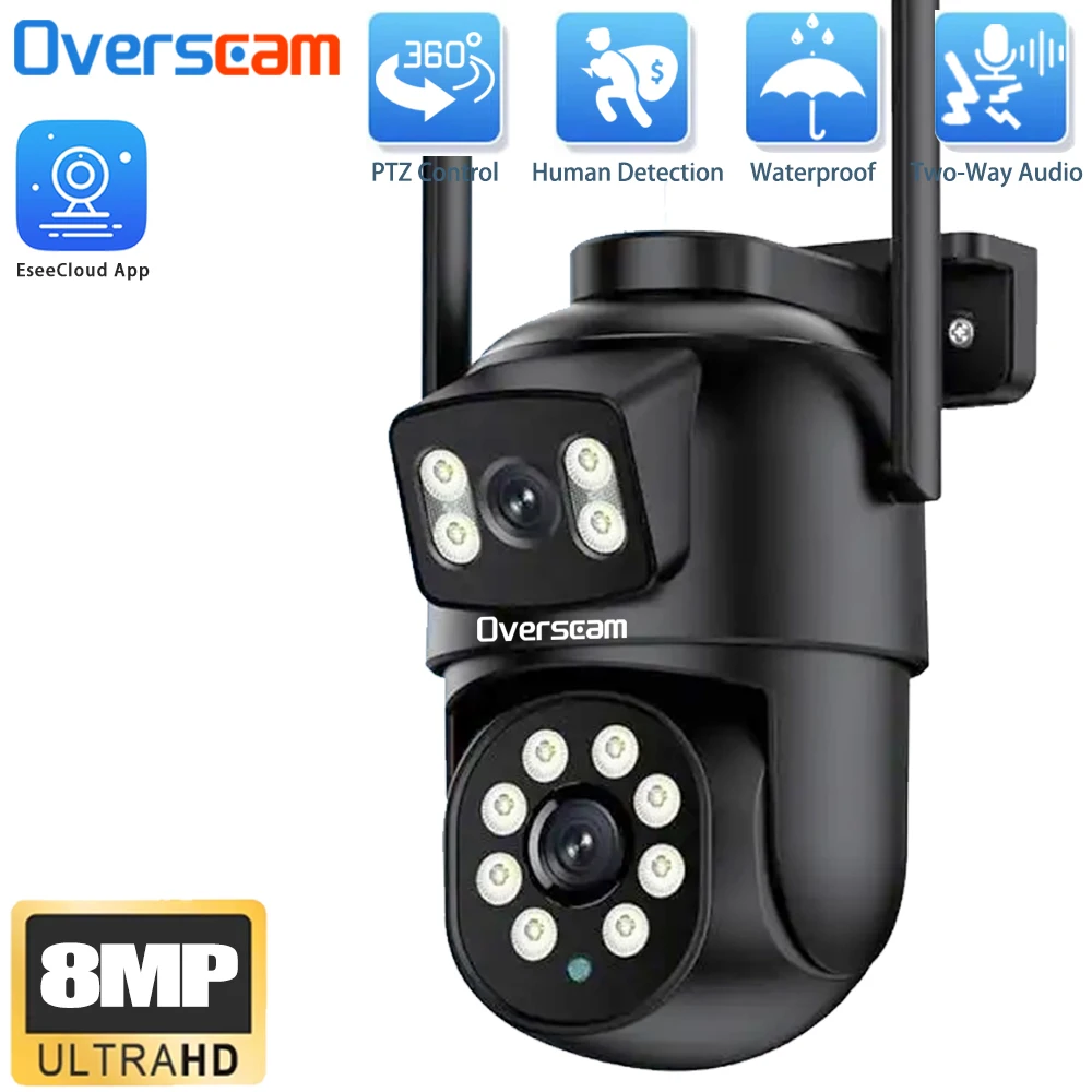Black EseeCloud 8MP 4K PTZ Wifi PTZ Camera With Dual Lens Dual Screens Human Detection Wireless Outdoor CCTV Security IP Camera