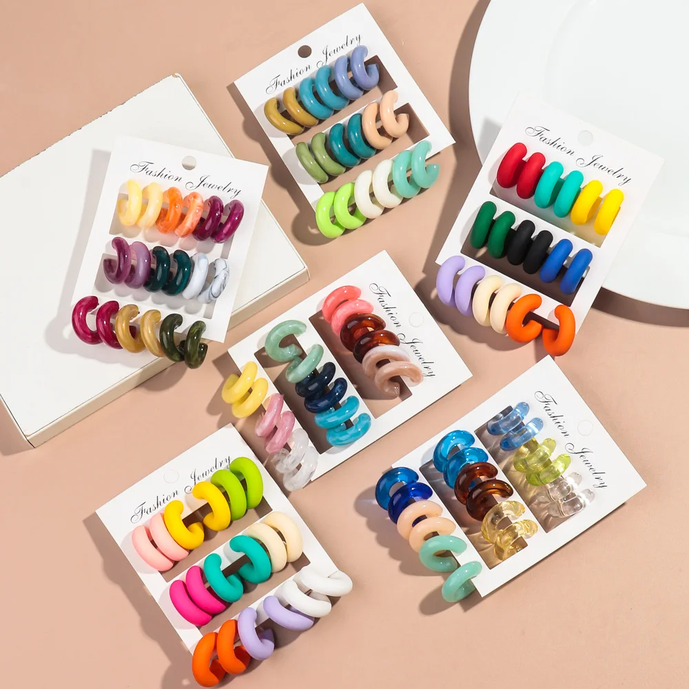 18pcs/set Colorful Acrylic Small Circle Hoop Earrings for Women Vintage Resin Geometric C-Shape Drop Earring Fashion Jewelry