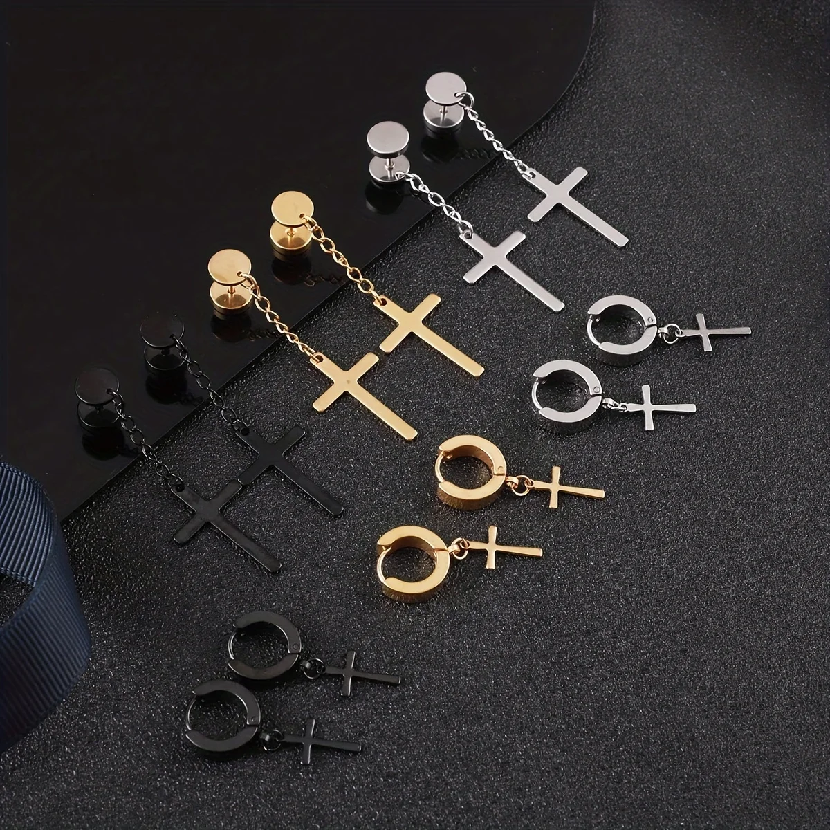 12 Pairs Simple Men's Stainless Steel Stud Earrings, Hoop Earrings, Cross Dangle Earrings, Daily Party Ear Jewelry