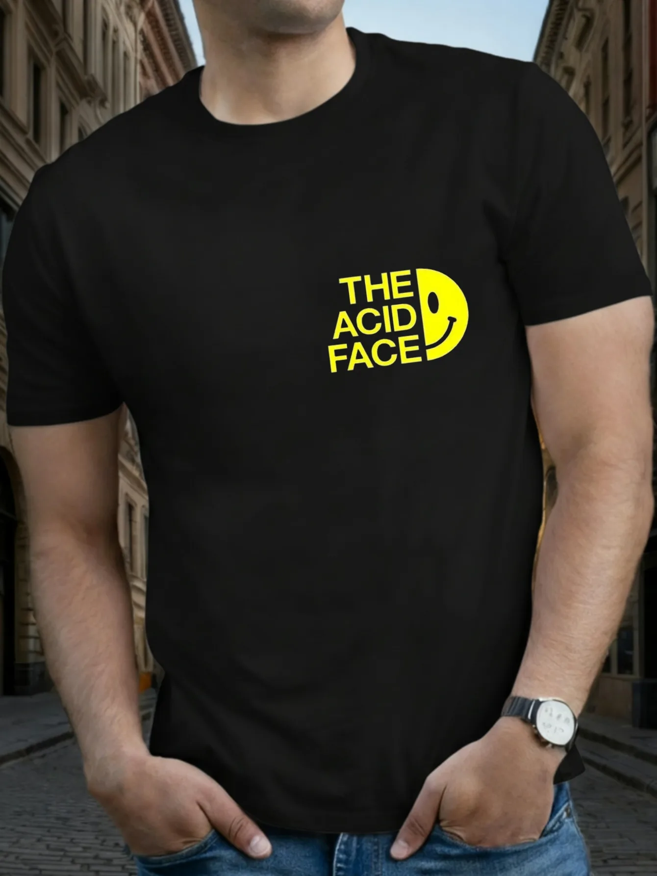 JOOCAR The Acid Face Gelbes Lächeln-Design auf schwarzem, lässigem Baumwoll-T-Shirt für alle Jahreszeiten, Rundhalsausschnitt, weicher, dehnbarer, atmungsaktiver Kurzarm, modisches Streetwear-Oberteil