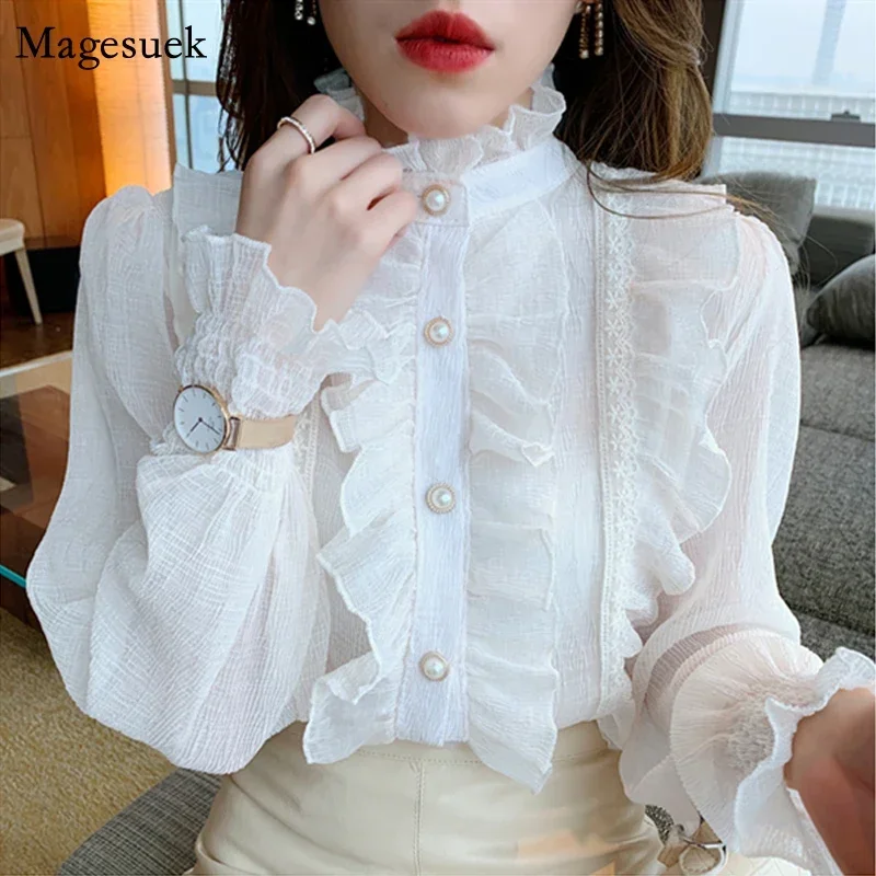 Korean Women Elegant Chiffon Shirt and Blouses Chic Long Sleeve Lace Ruffles Stand Collar Casual Loose White Tops Woman 13433