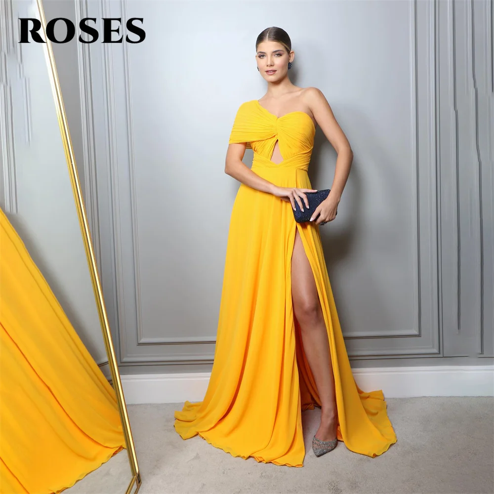 

ROSES One Shoulder Yellow Elegant Sexy Party Dress Side Split Celebrity Dress Chiffon Special Occasion Dresses robes du soir