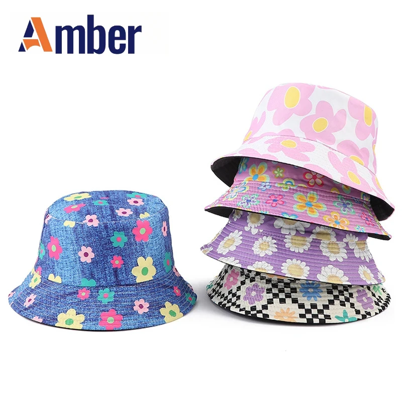 

Amber Flower Bucket Hat Floral Print Panama Fisherman Hats For Women Summer Foldable Double Sides Beach Outdoor Cap Fashion