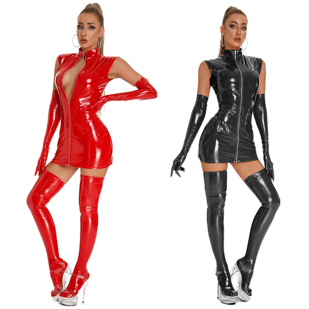 Women Hot Sexy Wetlook PU Leather Lingerie Dress Red PVC Latex Zipper Clubwear Catsuit Erotic Fetish wear Mini Dress Costumes