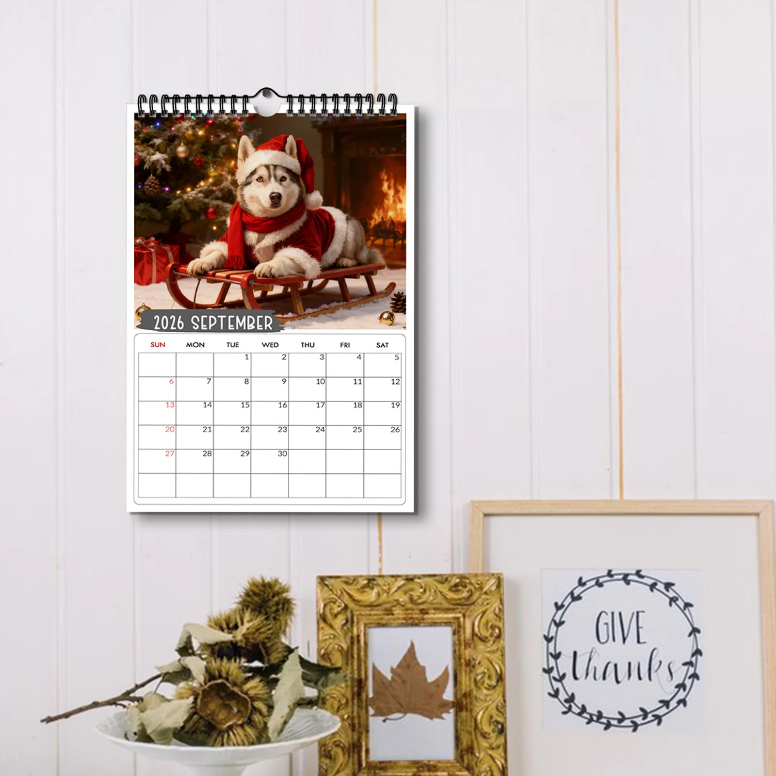 ปฏิทินแบบเกลียว 1 ชิ้น ปี 2026 ลายธีมซานต้าฮัสกี้ เหมาะสำหรับตกแต่งผนังห้องนั่งเล่นที่บ้าน ตกแต่งสำนักงาน เหมาะสำหรับเป็นของขวัญในช่วงเทศกาล