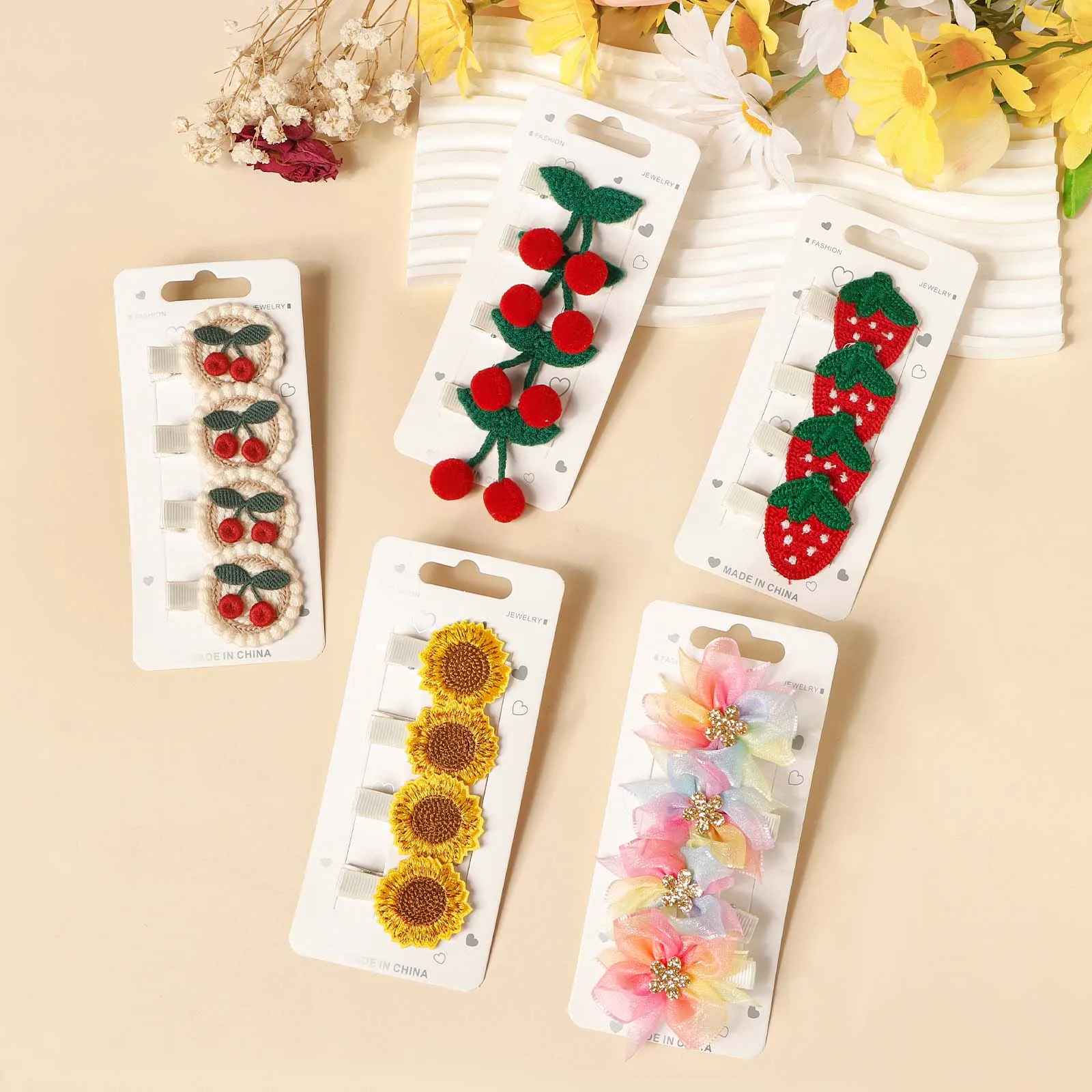 4pcs Flower Embroidery Round Cloth Barrettes For Baby Girl Mini Cherry Crochet Hairpin Kid Clothing Decor Accessories Beige Clip