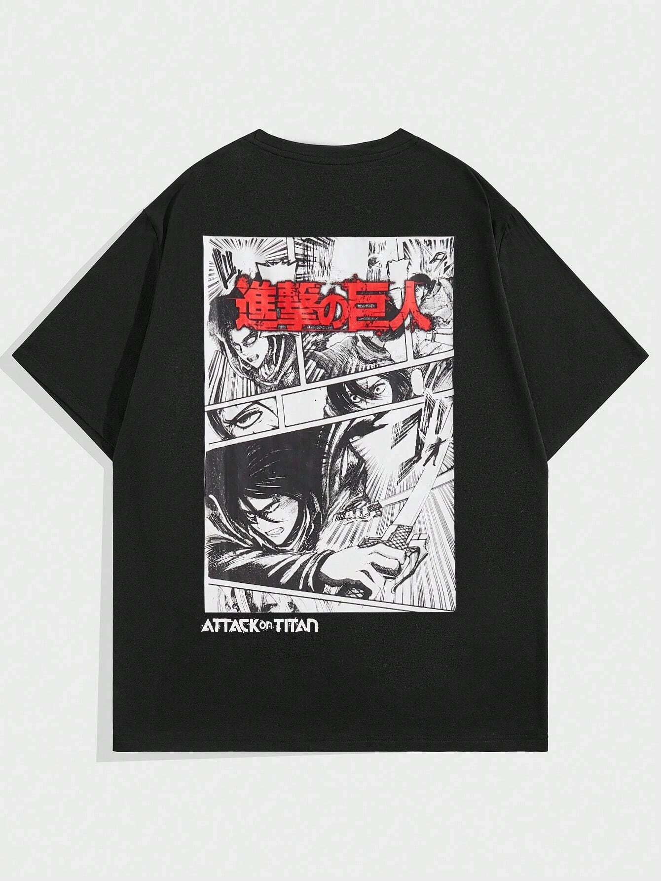 ROMWE X Attack on Titan Men Figure & Japanese Letter Graphic Tee Cartoon T-shirt Summer Cotton Tee Loose Kawaii Clothes