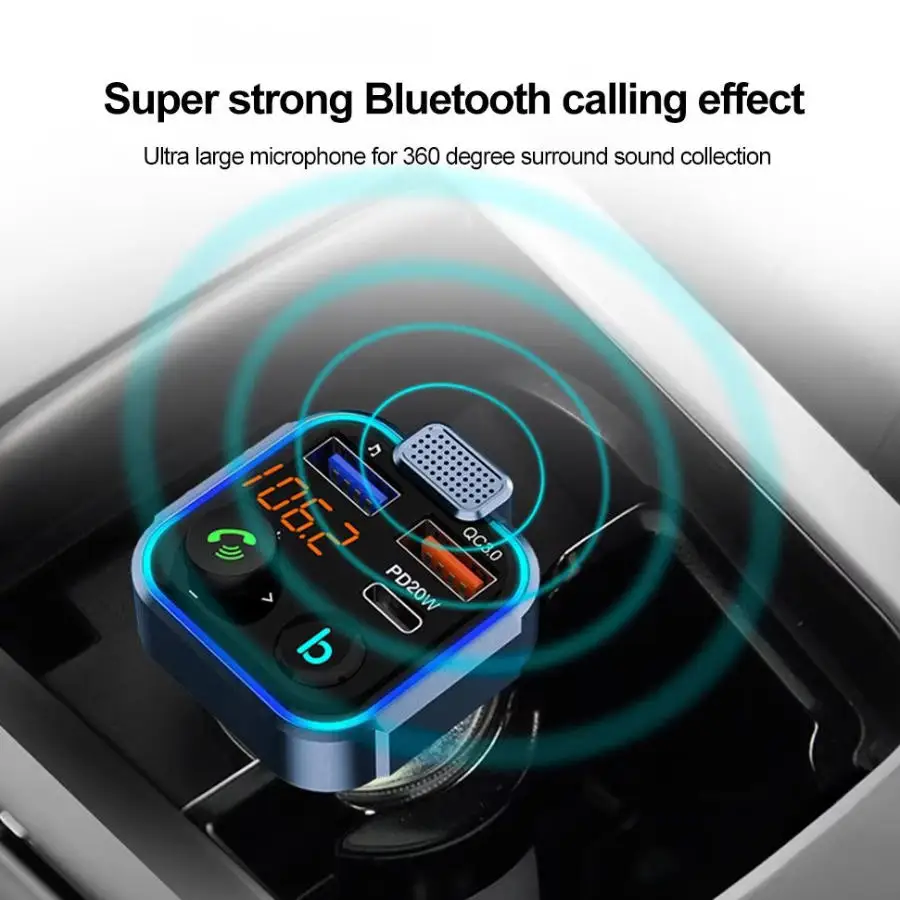 Bluetooth V5.3 Car Fm Transmitter Mp3 Player with B-Key for Switching Sound Effects, Rgb Colorful Ambient Light, Pd20W Output, Super Fast Charging for Mobile Phones, Qc3.0 Charging Function, Bluetooth Hands-Free Calling, Music Playback, Universal for 12-24V Vehicles