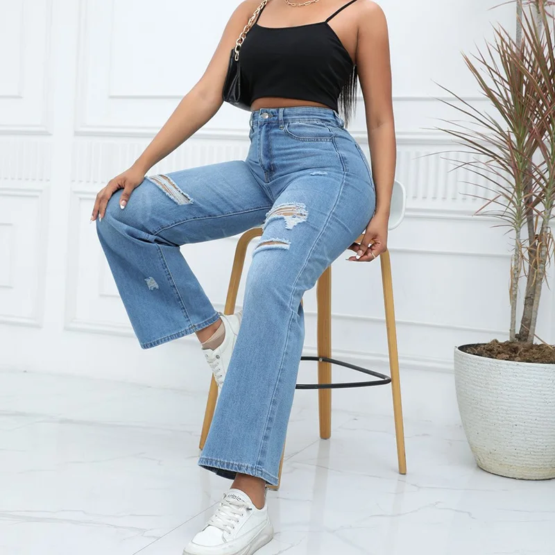 New Designer Women Broken Holes Jeans Tassel Bootcut Jeans Casual All-Match High Street Style Cropped Pants Commuter Denim Pants