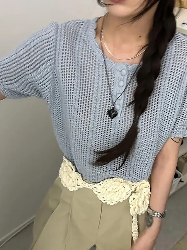 

Retro Heavyweight Hollow Knitted ort Sve Women's Top Summer New Sle Faionable Loose Versatile Knitwear