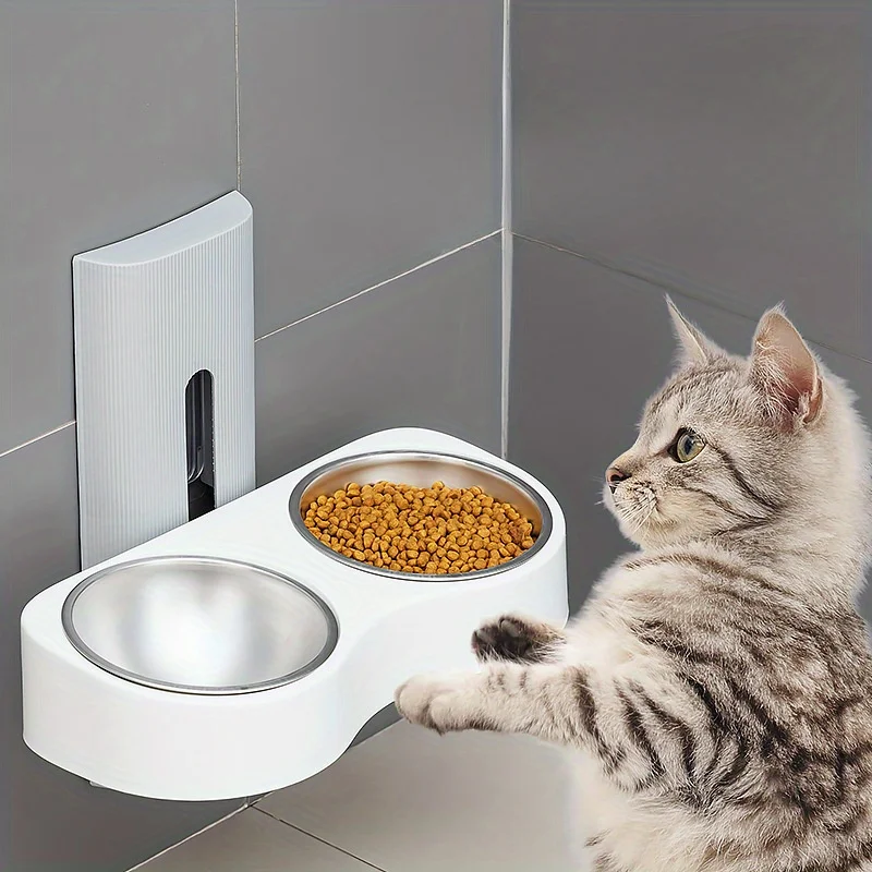 New Cat Wall-mounted Neck Guard Pet Double Bowl Separate Detachable Double Bowl Free Lifting Height Pet Double Bowl