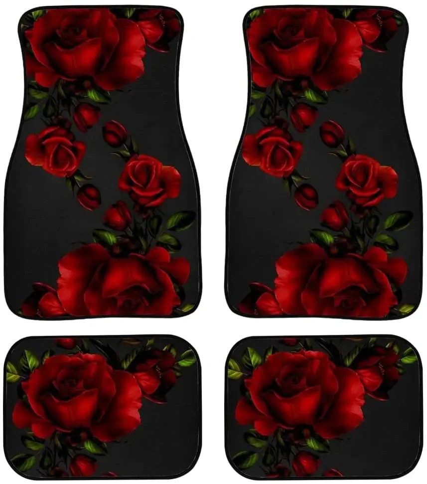 Vintage Red Rose Floral Print Car Floor Mats 4pcs Full Set, Non Slip Rubber Car Mats for Front and Rear, Auto Accessories