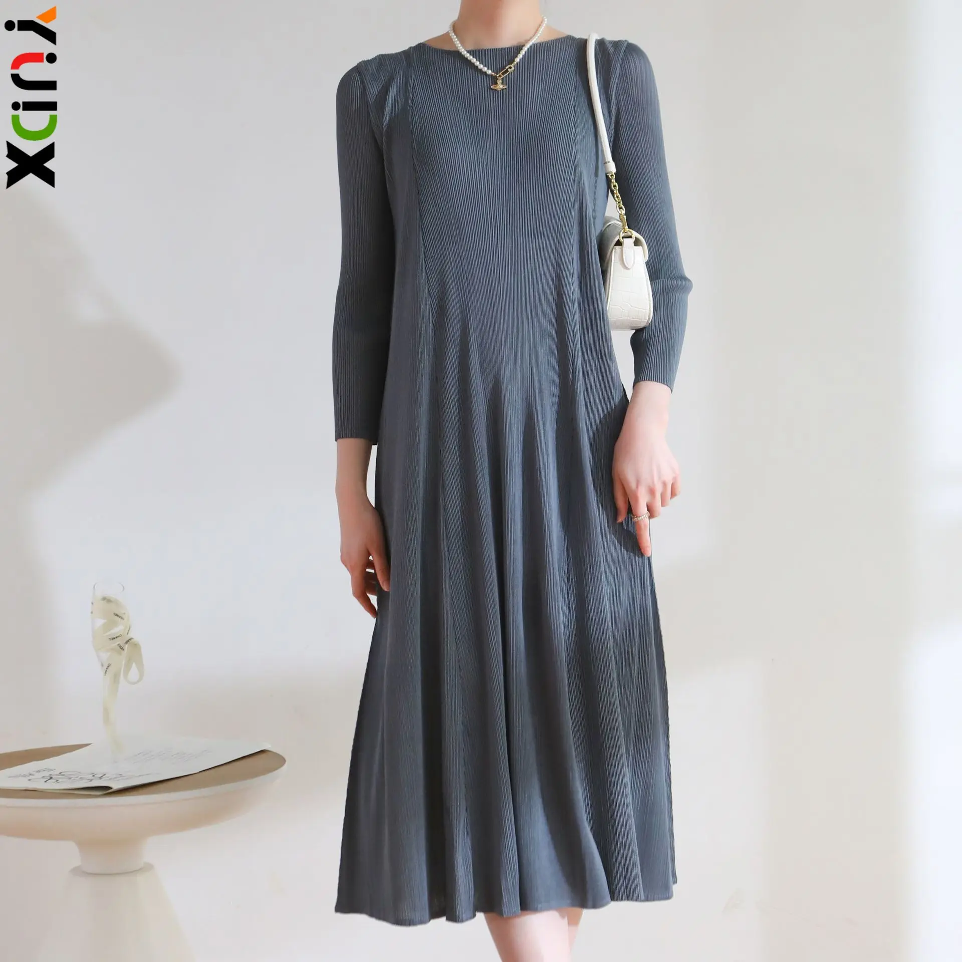 

YUDX Miyake Pleated Fashion Dresses Nine Sleeves Round Neck Slim High Quality Solid Color Women's Dresses 2024 Early Spring New