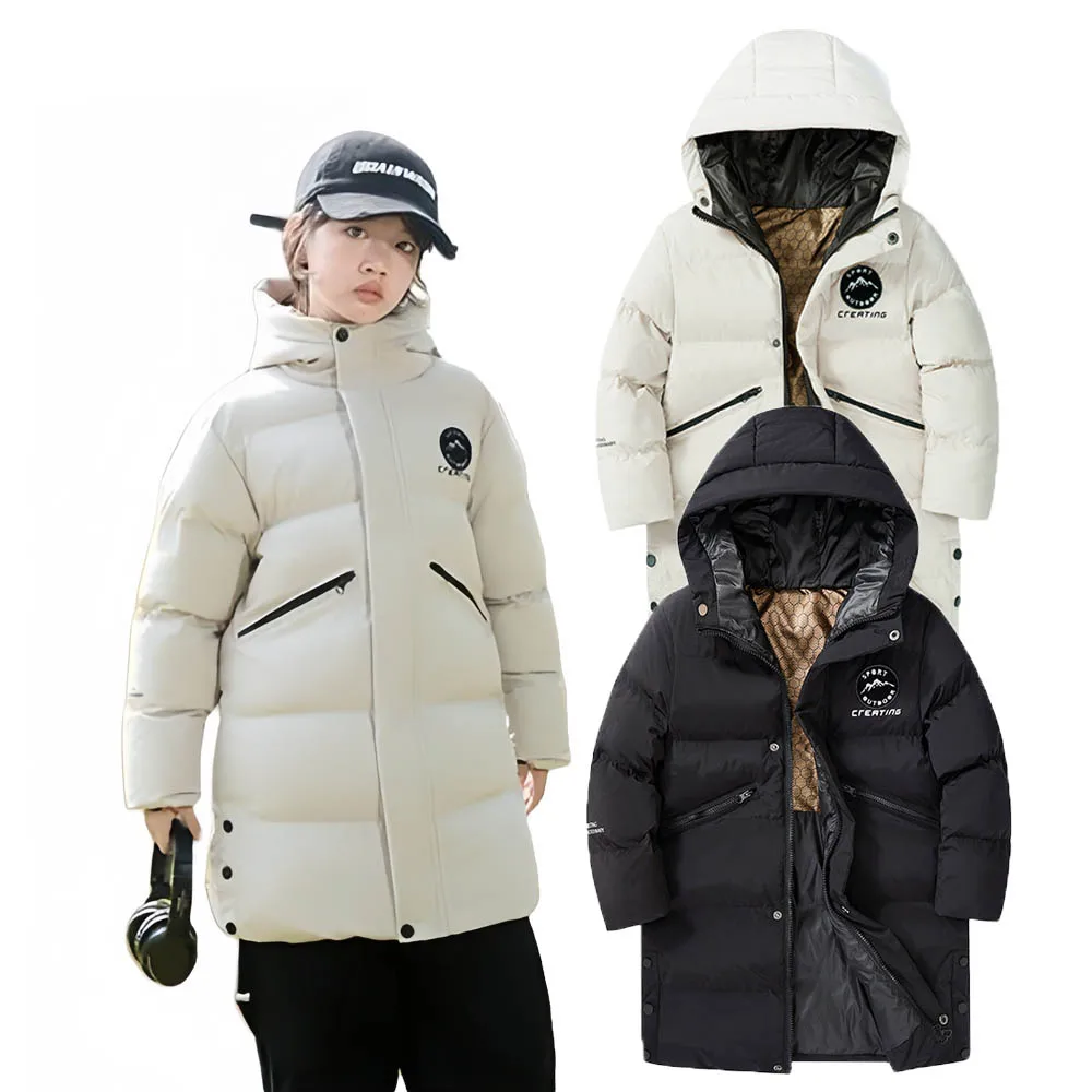 

Teenager Kids Windproof Padded Outwear Children Garment 6-18Y Boys Girls Red Beige Winter Thick Warm Cotton Down Long Coat