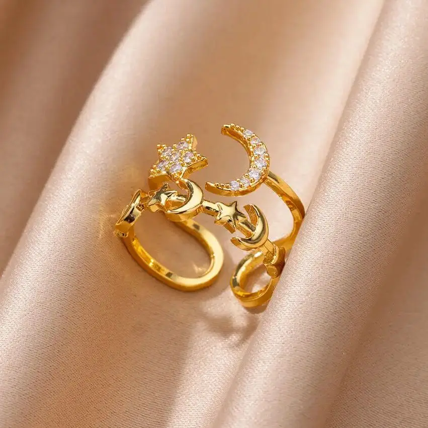 Women's Adjustable Zircon Star Moon Ring, Gold Color