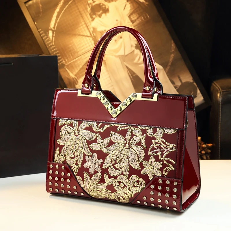 Red Genuine Leather Women's Handbags Luxury Fashion Diamonds Bride Wedding Bag Mom Shoulder Messenger Tote Bags 2024 New