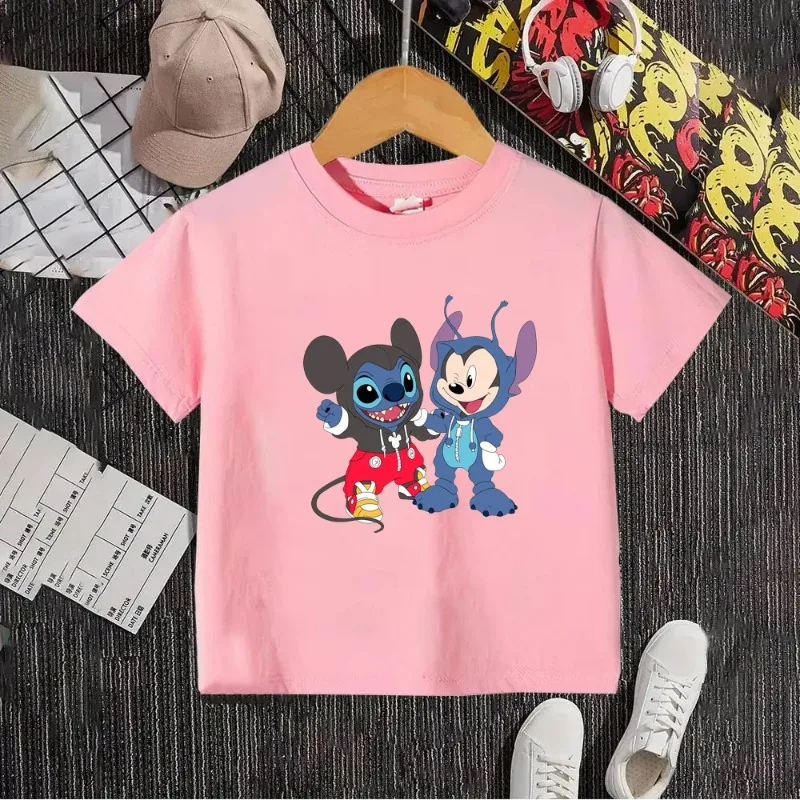 

2025 Mickey Mouse and Stitch Summer New Boys' and Girls' Pure Cotton round neck T-shirt Cartoon Anime Children's Street Top