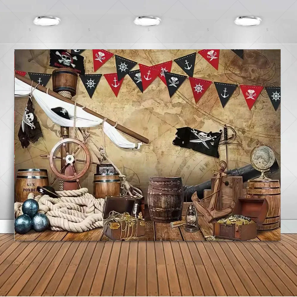 Piratenschiff-Thema Geburtstagsparty-Dekoration Hintergrund Goldmünzen-Ballon Ozean-Kulisse Kinderfotografie-Zubehör Banner Requisiten – Detail 5