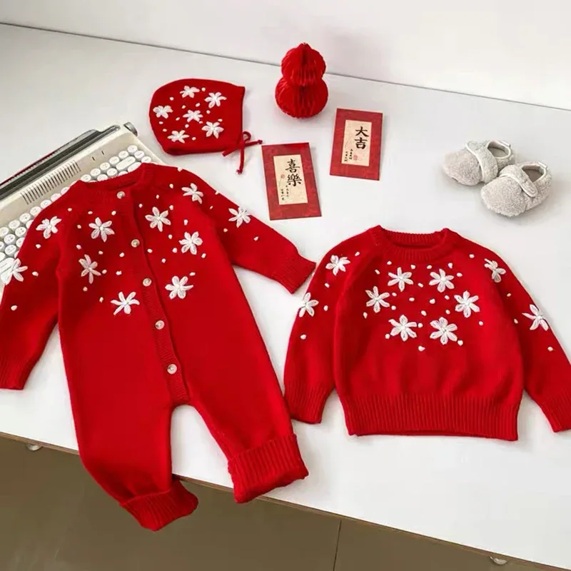 

Autumn Children Sweater Clothes Christmas Red Baby Clothes Baby Girls Embroidery Knitted Jumpsuit Newborn Baby Knitted Bodysuits