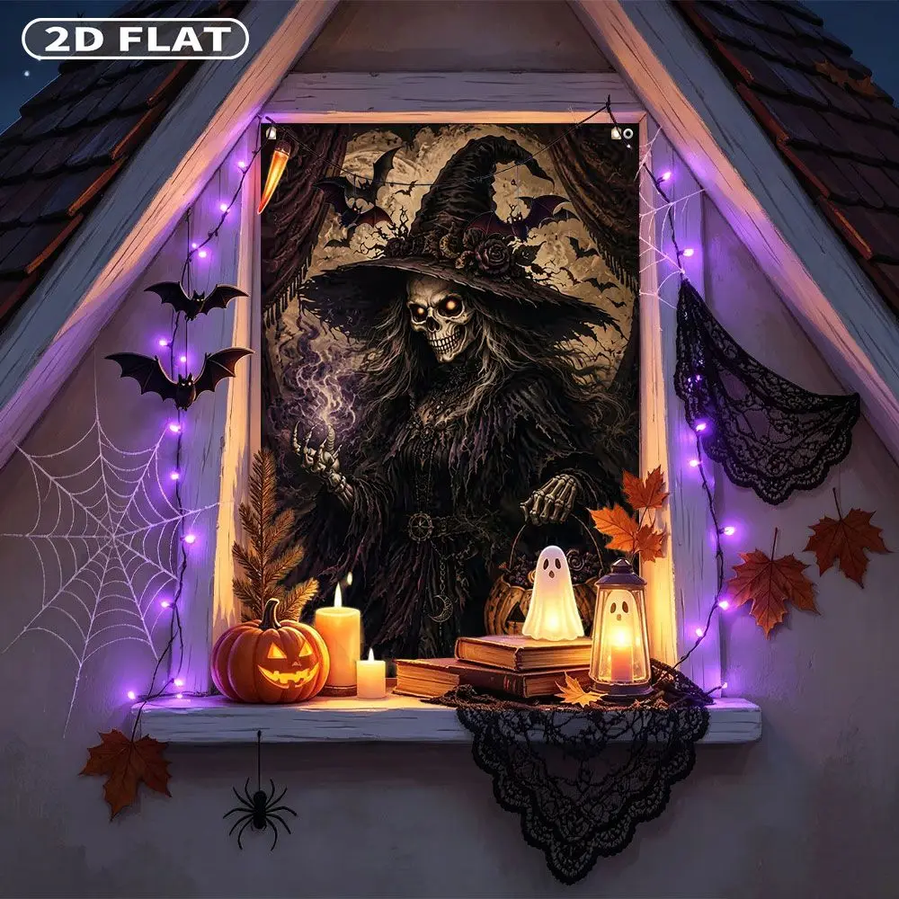 2D FLAT 1pc Party Window Cover Banner, with Skeleton Witch Holding Pumpkin Basket With Bats, No Power Need Home Decor