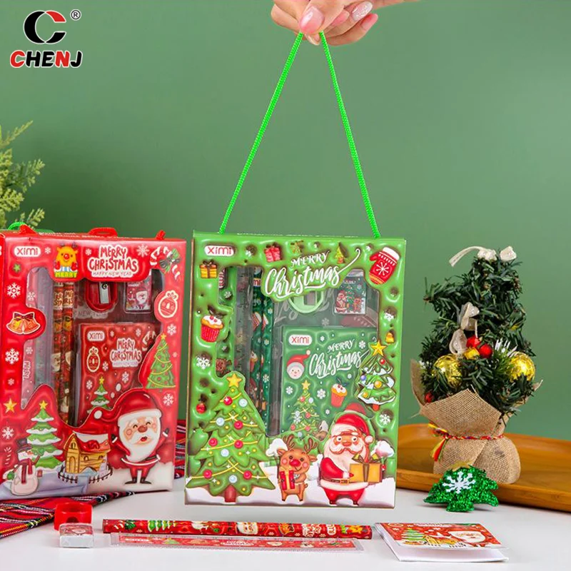 6Pcs Christmas Stationery Set Kids Cartoon Pencils Eraser Ruler Memo Pads Sharpener Set School Supplies Student Prize Gift