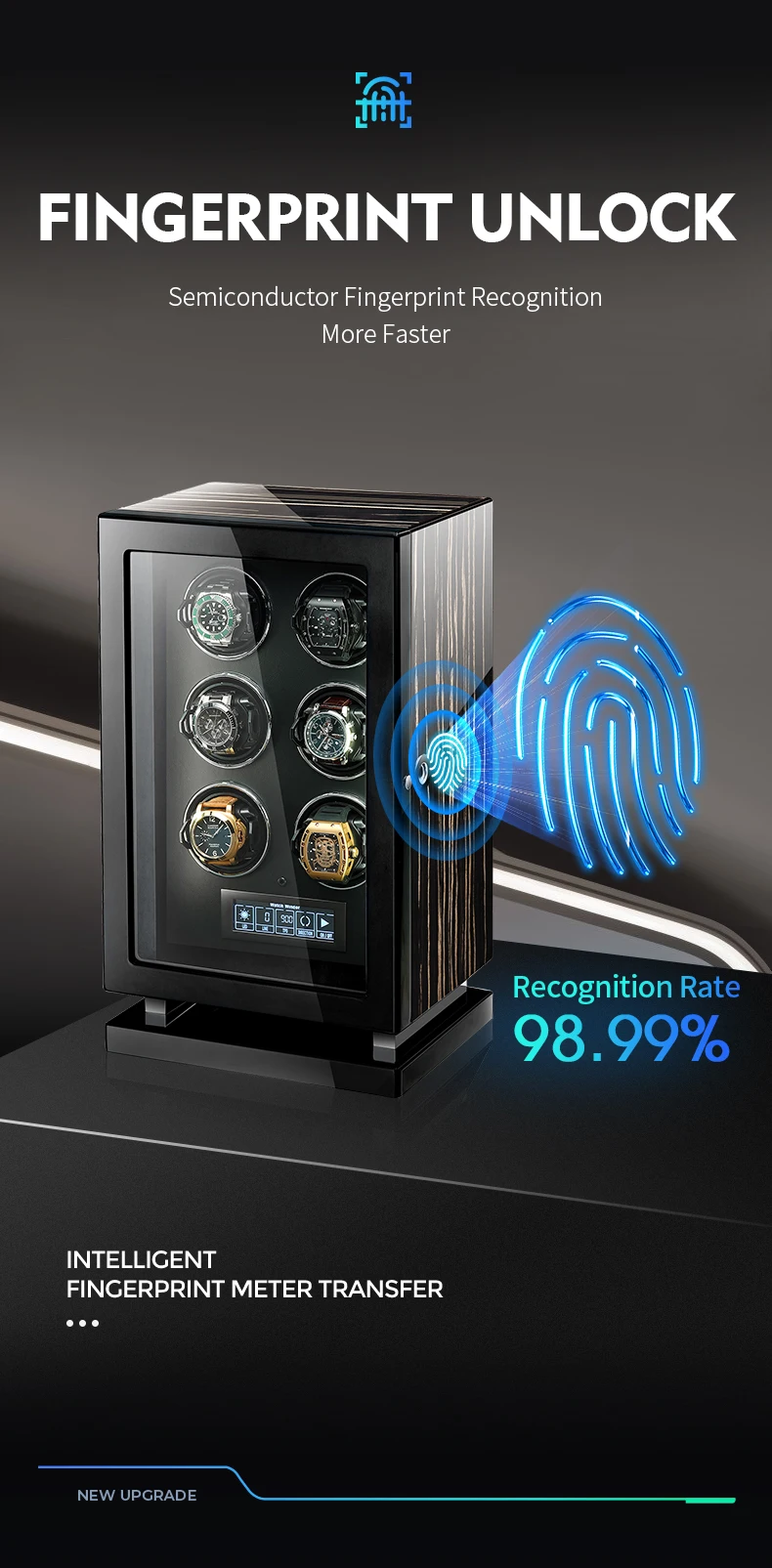 Fingerprint Unlock Automatic Watch Winder Luxury 2 4 6 Slot Watches Box with LCD Touch Screen Wooden Watch Storage Safe Box